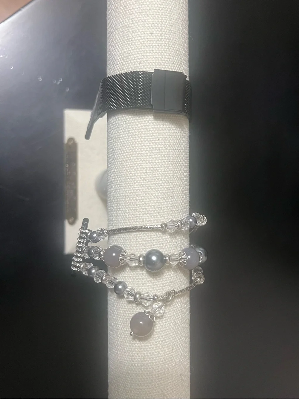 Set of 2 -Silver/Black Stretch Beaded Apple Watch Band and Black Metal Mesh Band